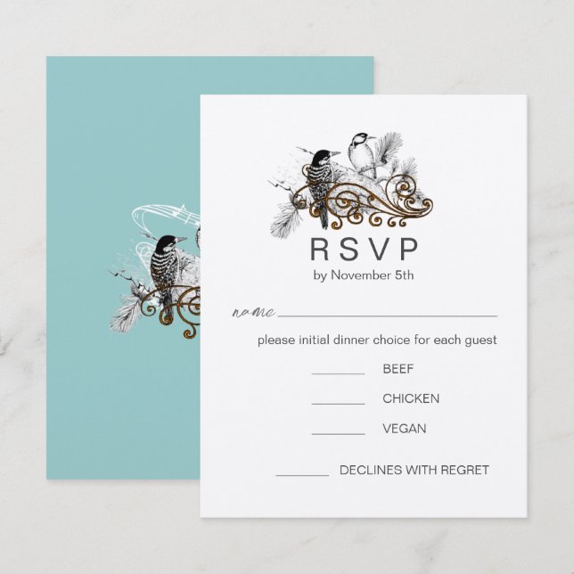 Convite Pássaros Azuis Empoeirados de Amor Pica-Pau RSVP R (Frente/Verso)