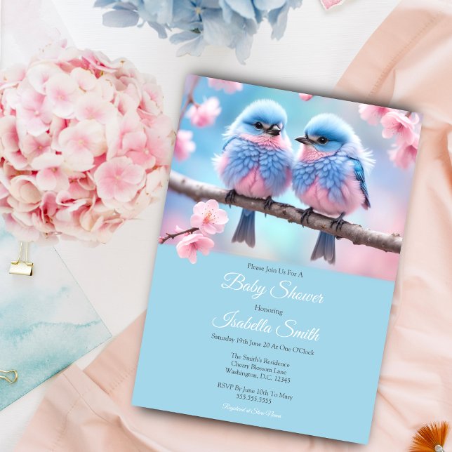 Convite Pássaros Azuis Fofos e Chuveiro de Bebê de Flor de (A sweet baby shower invitation for twins or gender reveal party!)