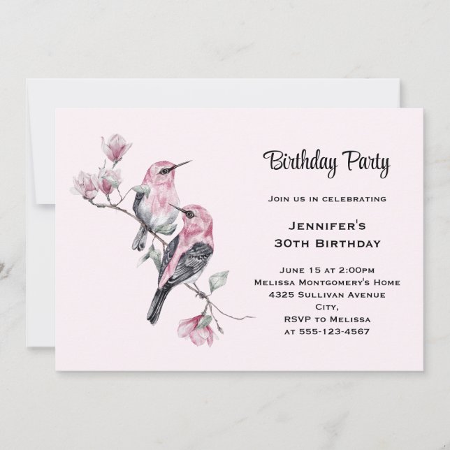 Convite Pássaros Caninos Rosa em um Ramo de Árvore Anivers (Frente)