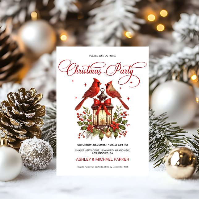 Convite Pássaros Cardinal em Lanterna de Natal em Aquarela (Criador carregado)