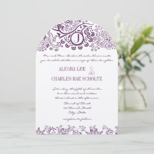Convite Pássaros de Amor Roxo Damask Monograma Casamentos