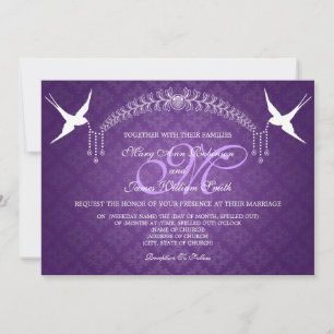 Convite Pássaros de Casamento Elegante Monograma Roxo