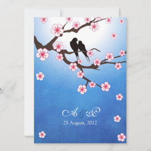 Convite Pássaros do amor e Sakura - Fundo Azul