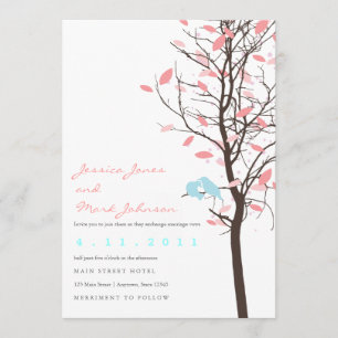 Convite Pássaros do Amor em Árvore - Rosa e Azul