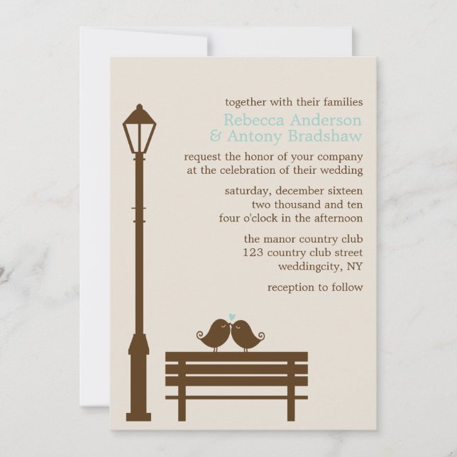 Convite Pássaros do Amor no Park Bench Wedding (Frente)