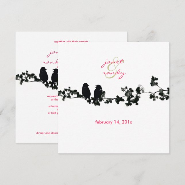 Convite Pássaros do amor preto e branco (Frente/Verso)
