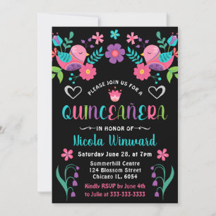 Convite Pássaros e Floral Mexicana Festa Quinceañera