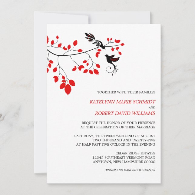 Convite Pássaros Elegantes em um Casamento Vermelho e Negr (Frente)