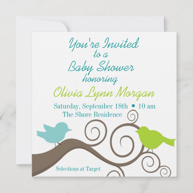 Convite Pássaros em um ramo no azul & no limão (Frente)