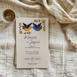 Convite Pássaros Mexicanos Floral Azul Amarelo Casamento E
