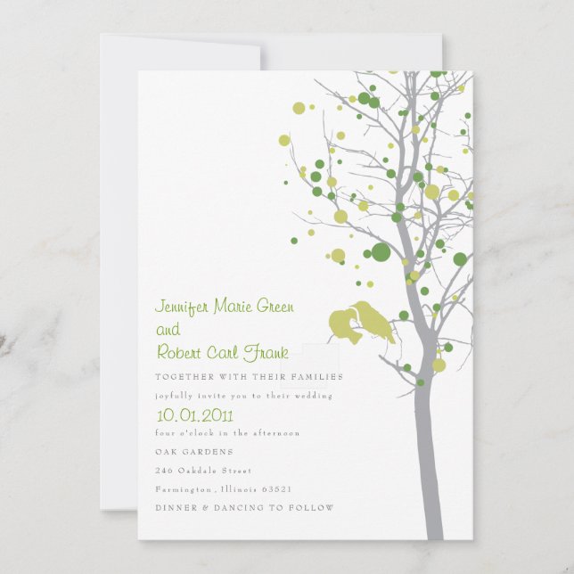 Convite Pássaros na árvore - bolinhas verde-clara do amor (Frente)