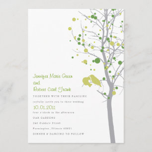 Convite Pássaros na árvore - bolinhas verde-clara do amor