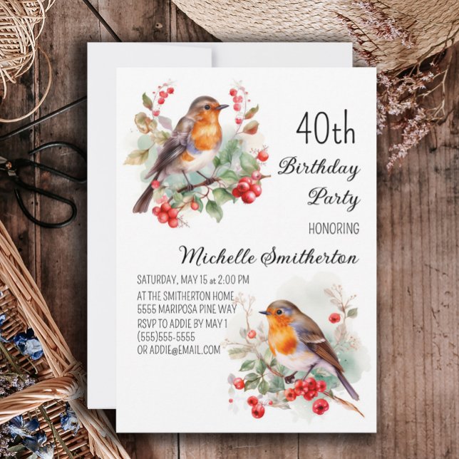 Convite Pássaros Vintage Robin Redbreast 40º Aniversário (Robin redbreast 40th birthday party invitation)