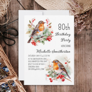 Convite Pássaros Vintage Robin Redbreast 80º Aniversário