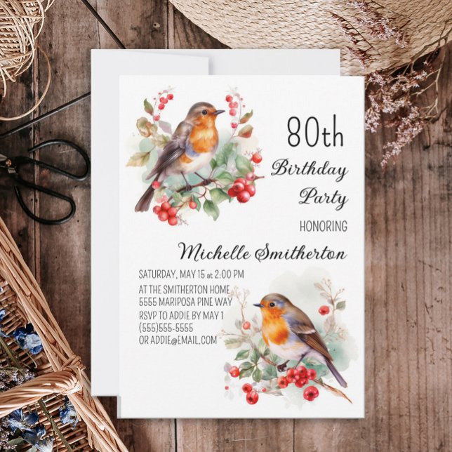 Convite Pássaros Vintage Robin Redbreast 80º Aniversário (Criador carregado)
