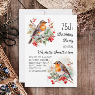 Convite Pássaros Vintage Robin Redbreast Aniversário de 75