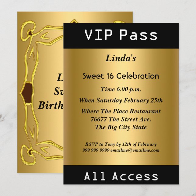 Convite Passe VIP Aniversário Sweet 16 Dourado (Frente/Verso)