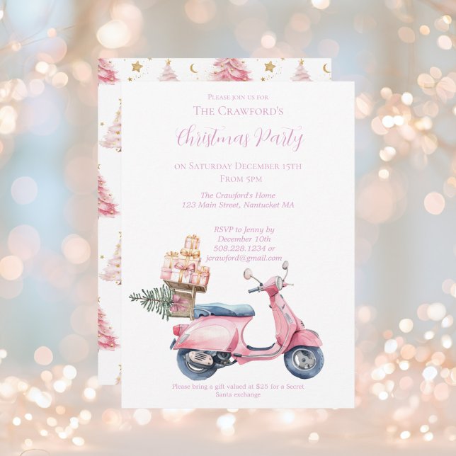 Convite Passeio de Compras de Natal de Scooter Rosa  (Pink Scooter Christmas Party Invitation)