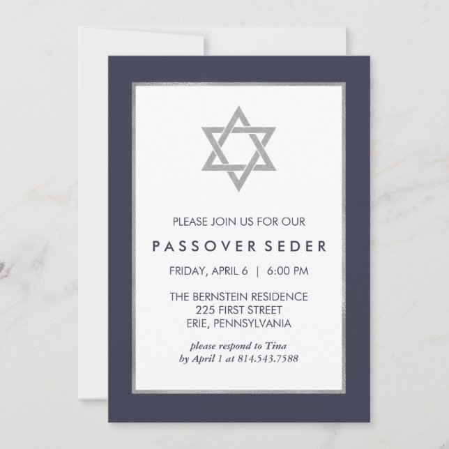 Convite Passover azul e de prata Seder com estrela de (Frente)