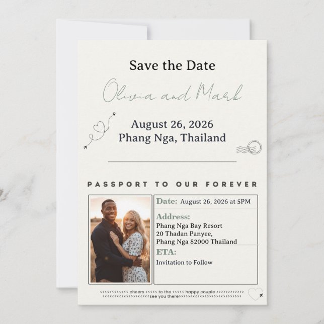 Convite Passport Save the Date - Sage & Beige | Russo (Frente)