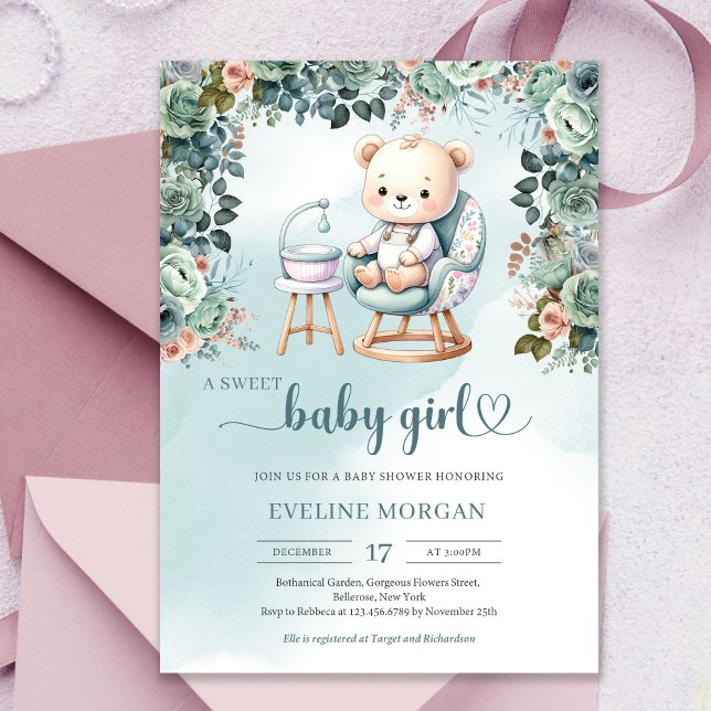 Convite Pasta de aquarela colorida bebê pelado (Watercolor cute teddy bear pastel colors girl baby shower invitation)