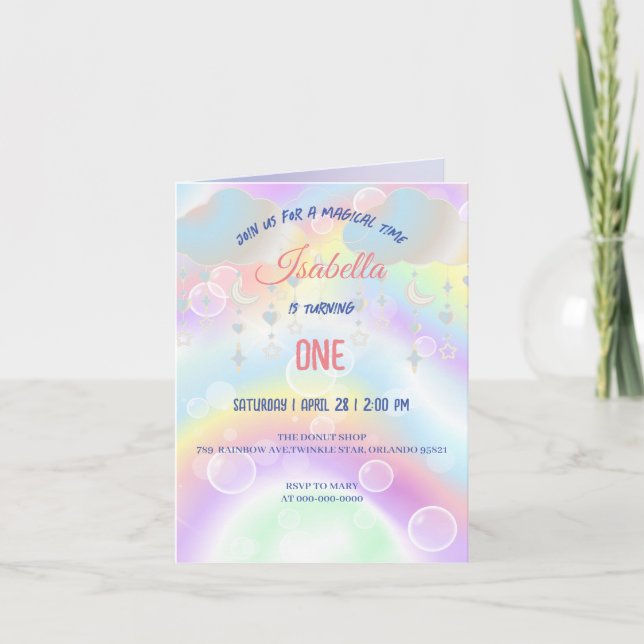 Convite Pasta de Aquarela Cuta Unicorns Rainbow Aniversári (Frente)