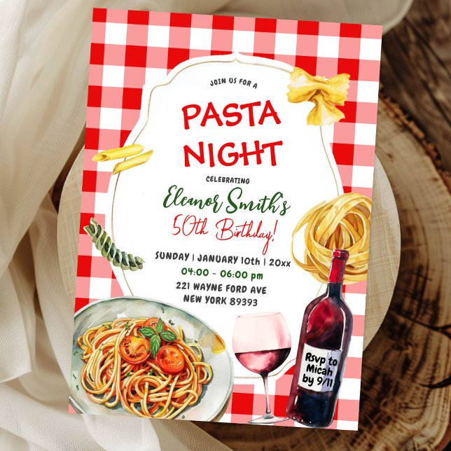 Convite Pasta Noite e Vinho Janto de Aniversário Adulto (Criador carregado)