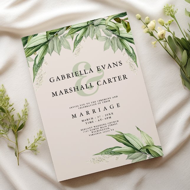 Convite Pasta verde-marfim floral ampersand floral (Chic ivory green foliage floral ampersand wedding)