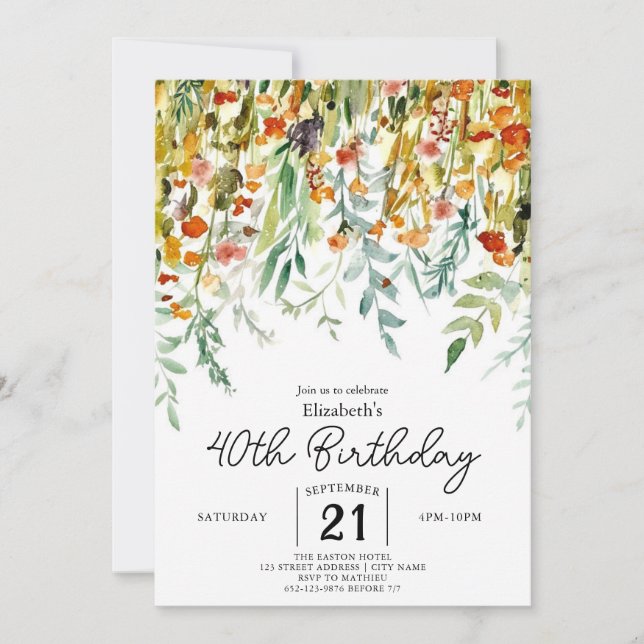 Convite Pastas Whimsic Flores-silvestres aniversário de 40 (Frente)