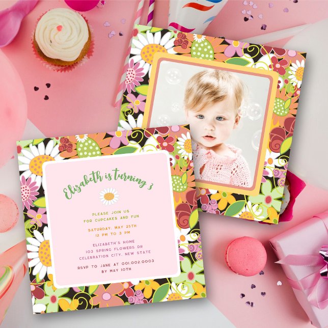 Convite Pastéis Flores da Primavera Foto Aniversário de Me (Pink Pastels Spring Flowers Garden Sweet & Chic Girl's Birthday Party Photo Invitation @ fat_fa_tin)