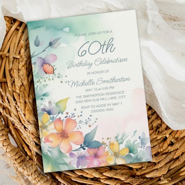 Convite Pastel Amarelo-Teal Flores 60º Aniversário (Teal, pink, yellow floral 60th birthday party invitation)