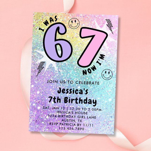 Convite Pastel Arco-Íris Brilho 6 7 Aniversário de Menina  (Criador carregado)