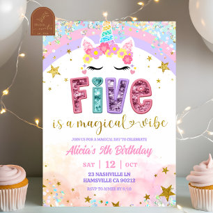 Convite Pastel Arco-Íris Unicórnio Mágico 5º Aniversário