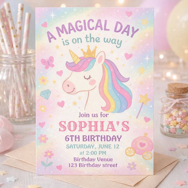 Convite Pastel Arco-íris Unicórnio Magico Aniversário (Unicorn Party Invitation for Girl with Pastel Stars Hearts and Crown)