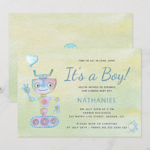 Convite Pastel azul adorável robô é um menino baby shower