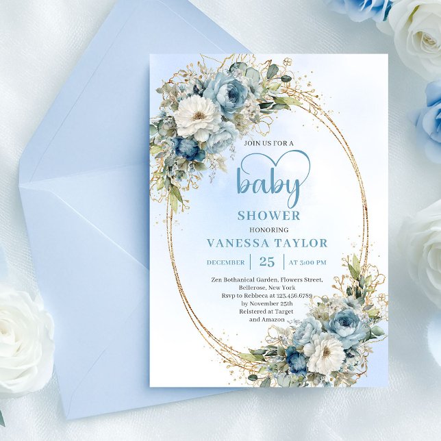 Convite Pastel Azul Flores Aquarela Dourado Chá de Bebê  (Pastel Blue Watercolor Flowers Gold Baby Shower Invite

)