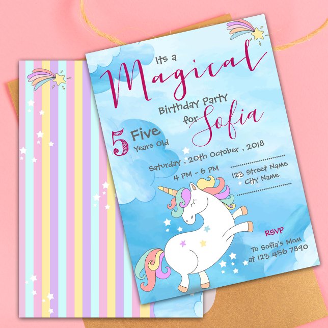 Convite Pastel azul, magro, Unicórnio mágico, pensava que  (Magical Unicorn Themed Birthday Invitation)