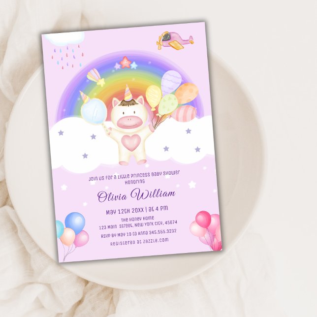 Convite Pastel Balloon Chá de fraldas Arco-Íris Unicórnio (Pastel Balloon Unicorn Rainbow Baby Shower Invitation)