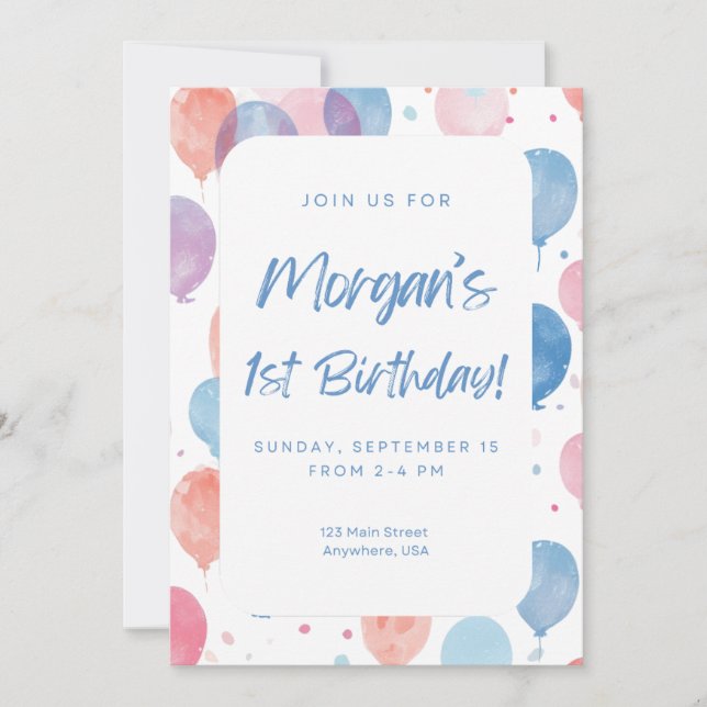 Convite Pastel Balloon First Birthday Invitation (Frente)