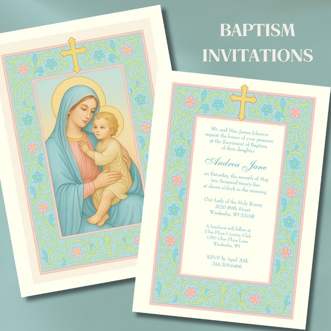 Convite Pastel Baptism Mary e Jesus Floral (Criador carregado)