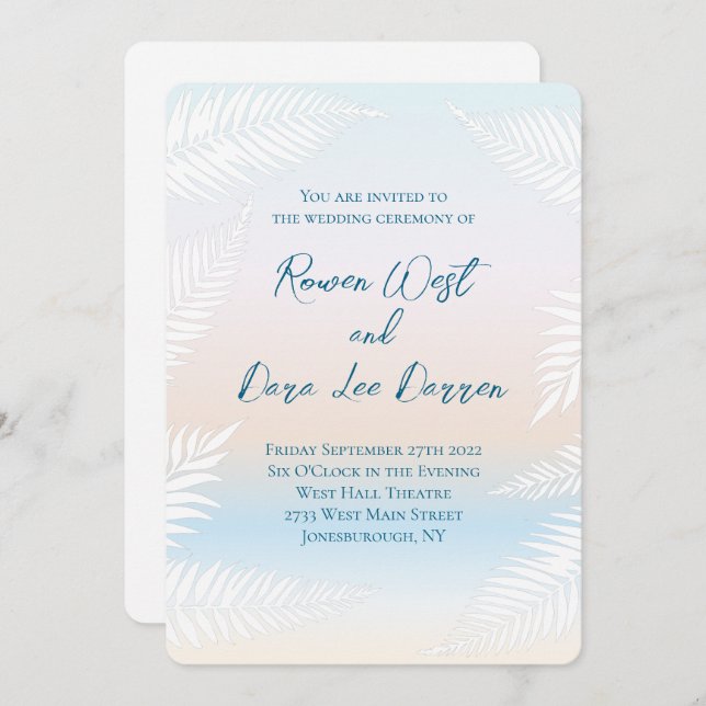 Convite Pastel Beach Sunset Tropical Palm Leaf Wedding (Frente/Verso)