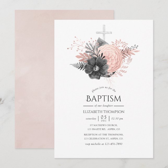 Convite Pastel Bege e Floral Charcoal Batismo (Frente/Verso)