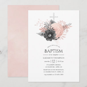 Convite Pastel Bege e Floral Charcoal Batismo