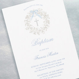 Convite pastel blue bow baby's breath wreath Baptism