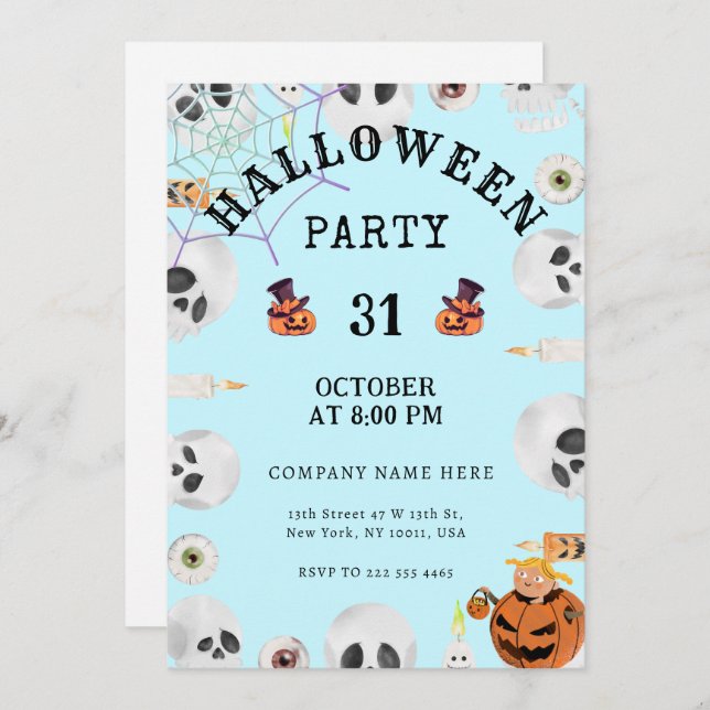 Convite Pastel Blue Classic Halloween Party (Frente/Verso)