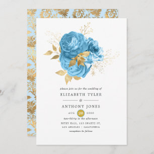 Convite Pastel Blue e Dourado Casamento Floral