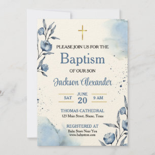 Convite Pastel Blue Floral Baby Boy Baptism