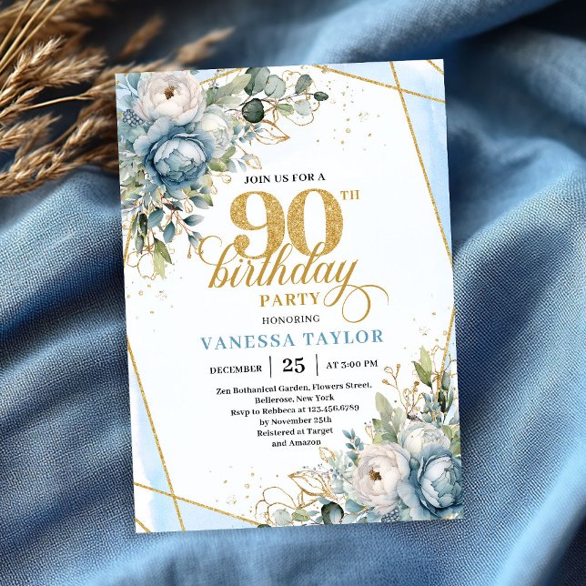 Convite Pastel blue gold frame stylish floral 90 birthday (Pastel blue gold frame stylish floral 90th birthday invite)