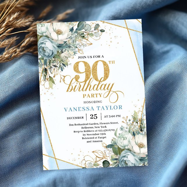 Convite Pastel blue gold shimmer floral 90th birthday  (Pastel blue gold shimmer floral 90th birthday party invite)