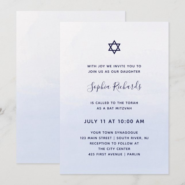 Convite Pastel Blue Ombre Watercolor | Bat Mitzvah (Frente/Verso)
